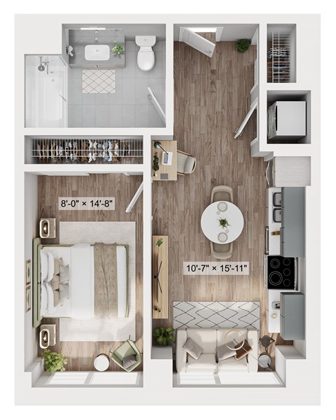 Floor plan for 1 bed, 1 bath, 506 sqft